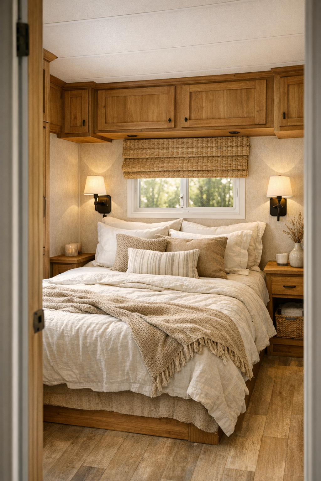 Peaceful cottage bedroom with soft bedding, warm wood accents, and built-in storage