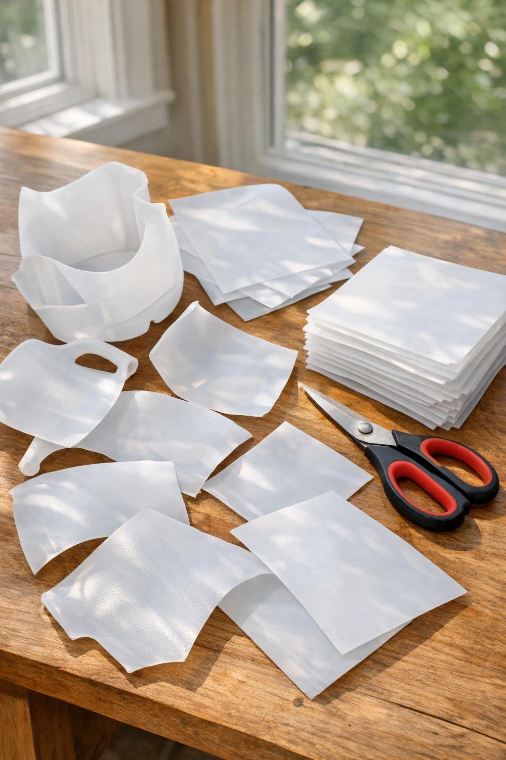 Milk jug plastic cut open into flat white panels on a table