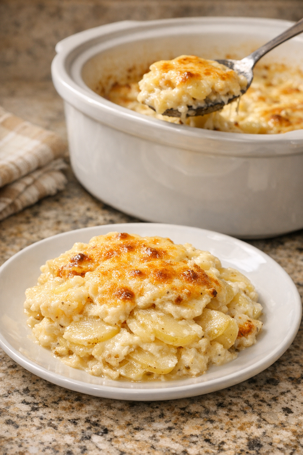 Finished creamy potato bake plated from the slow cooker