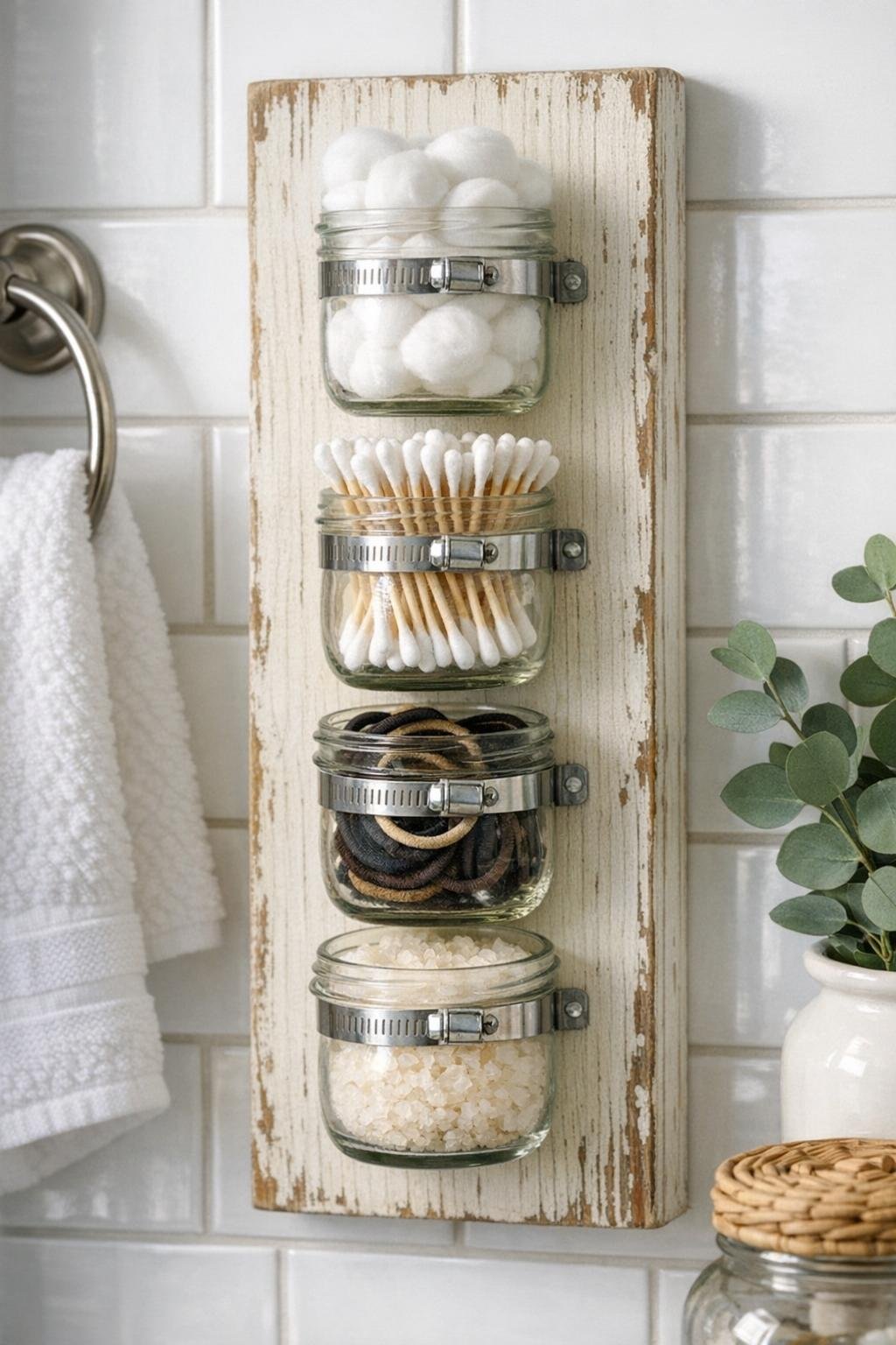 Finished vintage bathroom organizer made from four baby food jars mounted on a painted board