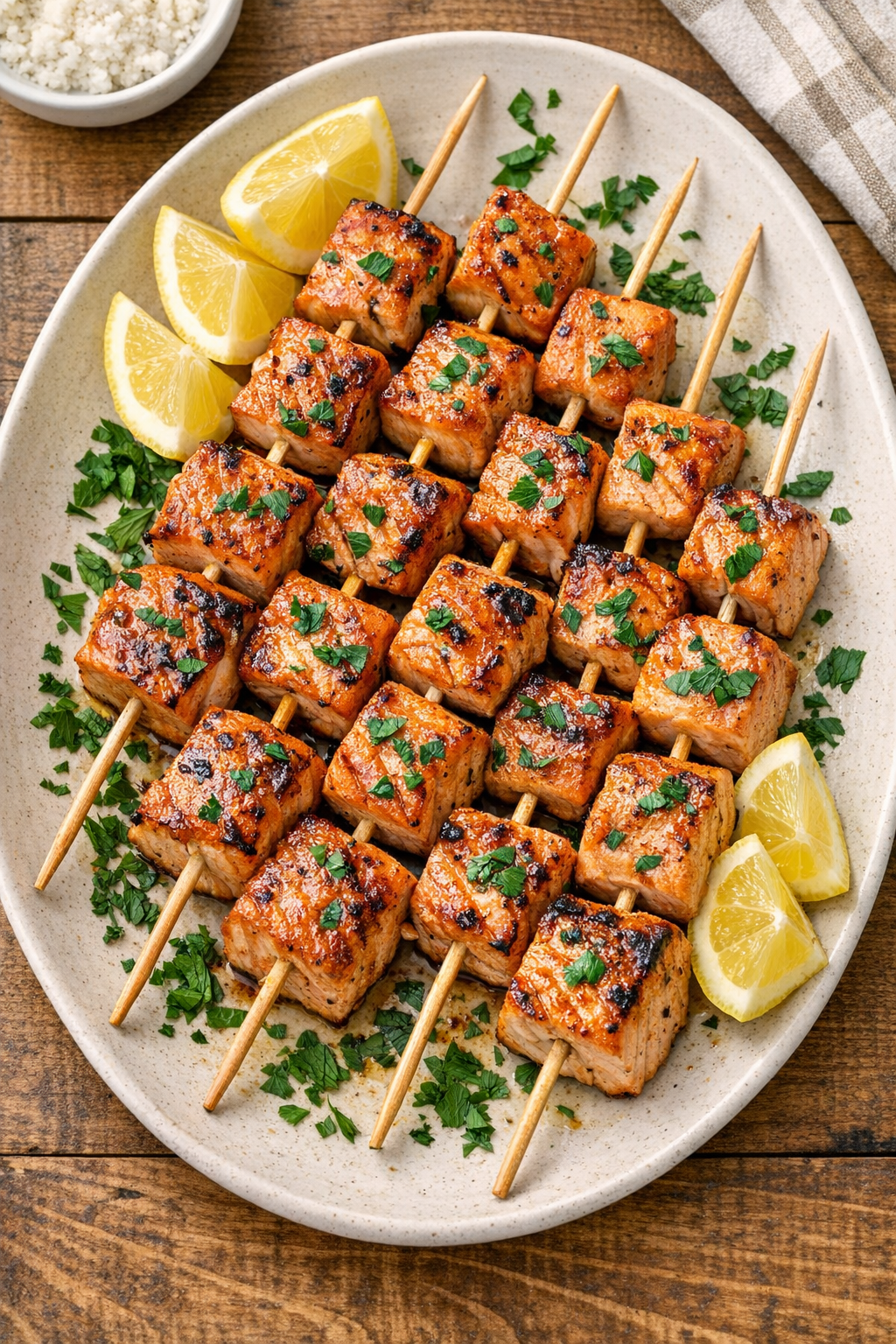 Finished baked salmon skewers on a serving platter