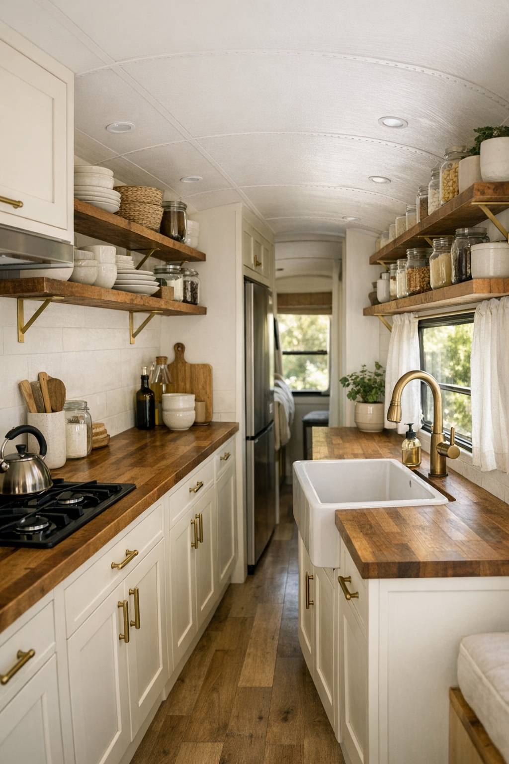 Warm bus kitchen with cream cabinets, butcher block counters, and open shelving