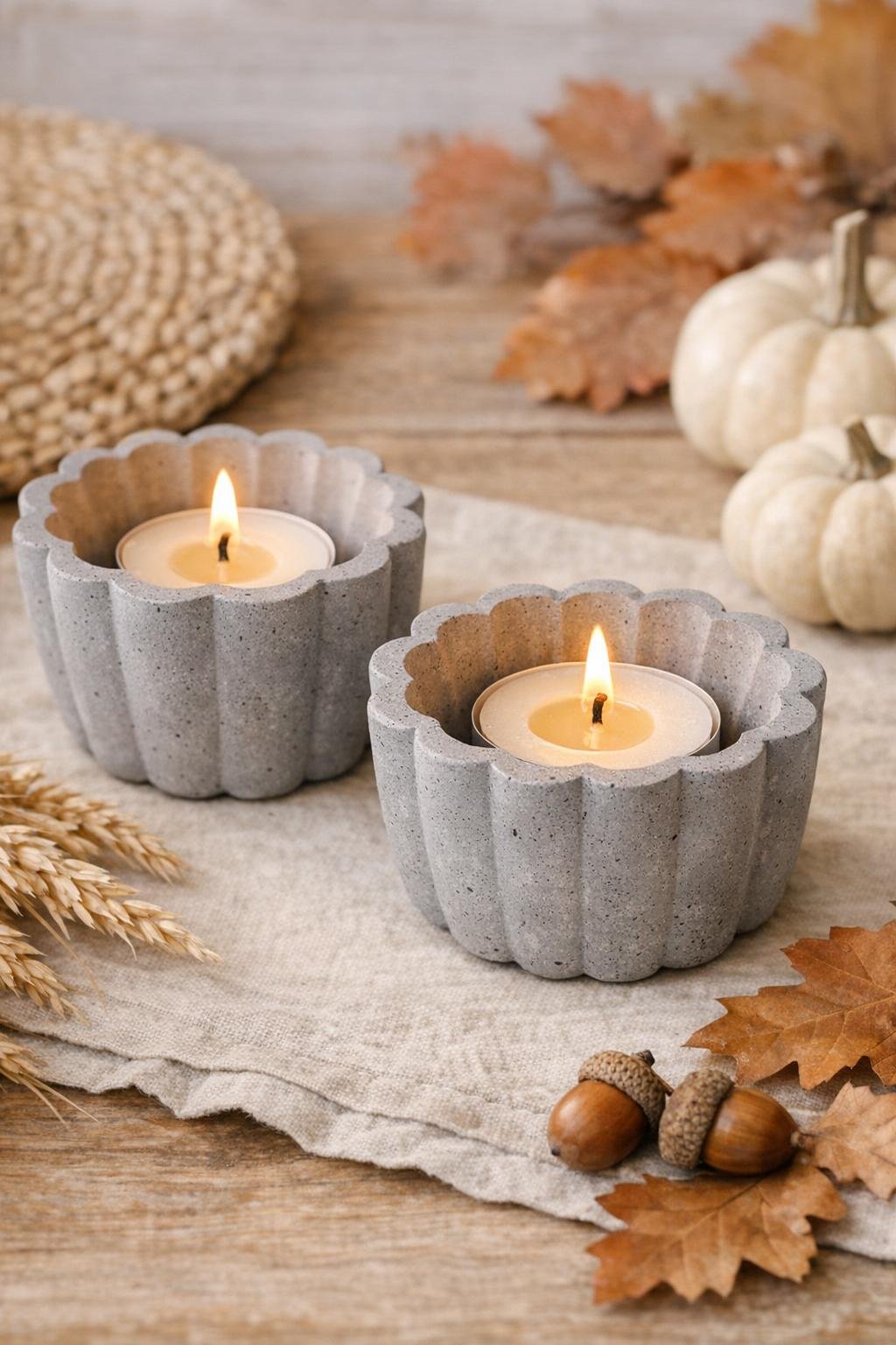 Finished scalloped concrete harvest votives with tealight candles