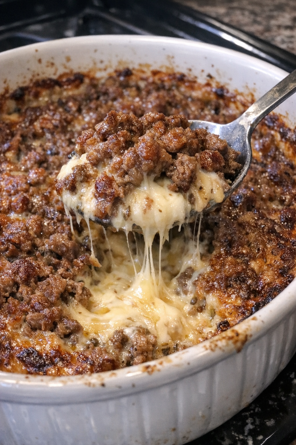 Hot savory beef appetizer in a ceramic casserole dish