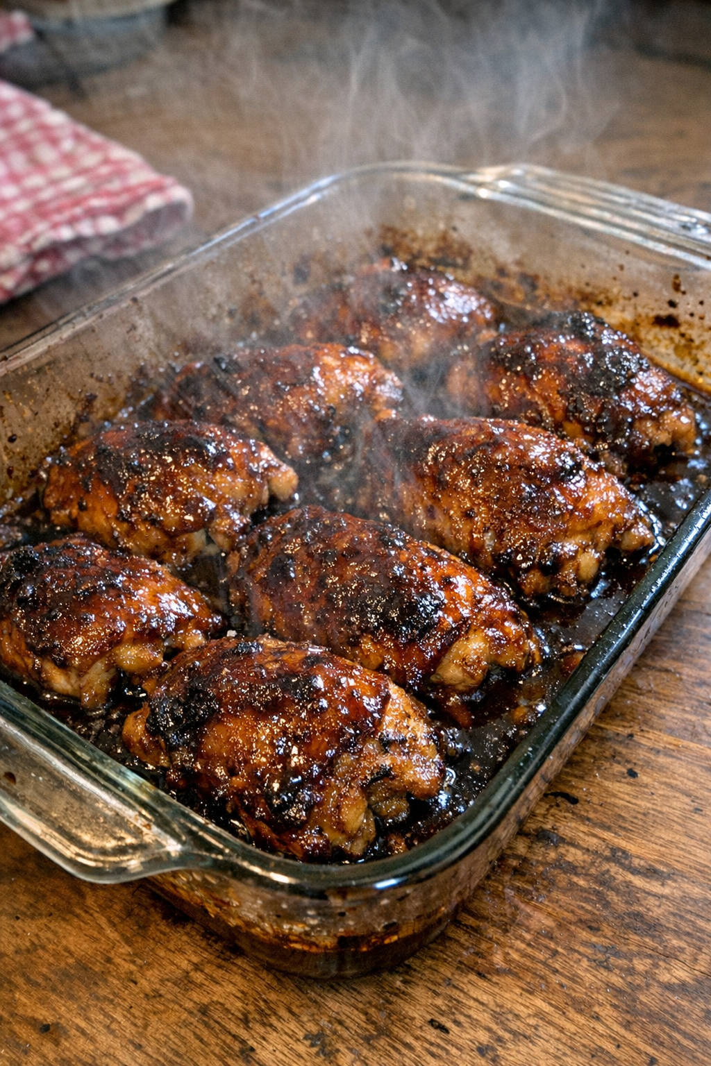 Finished glazed chicken in a Pyrex dish