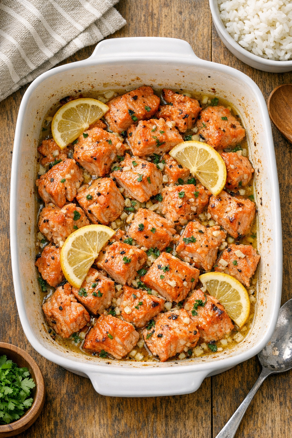 Finished baked sockeye salmon in a casserole dish