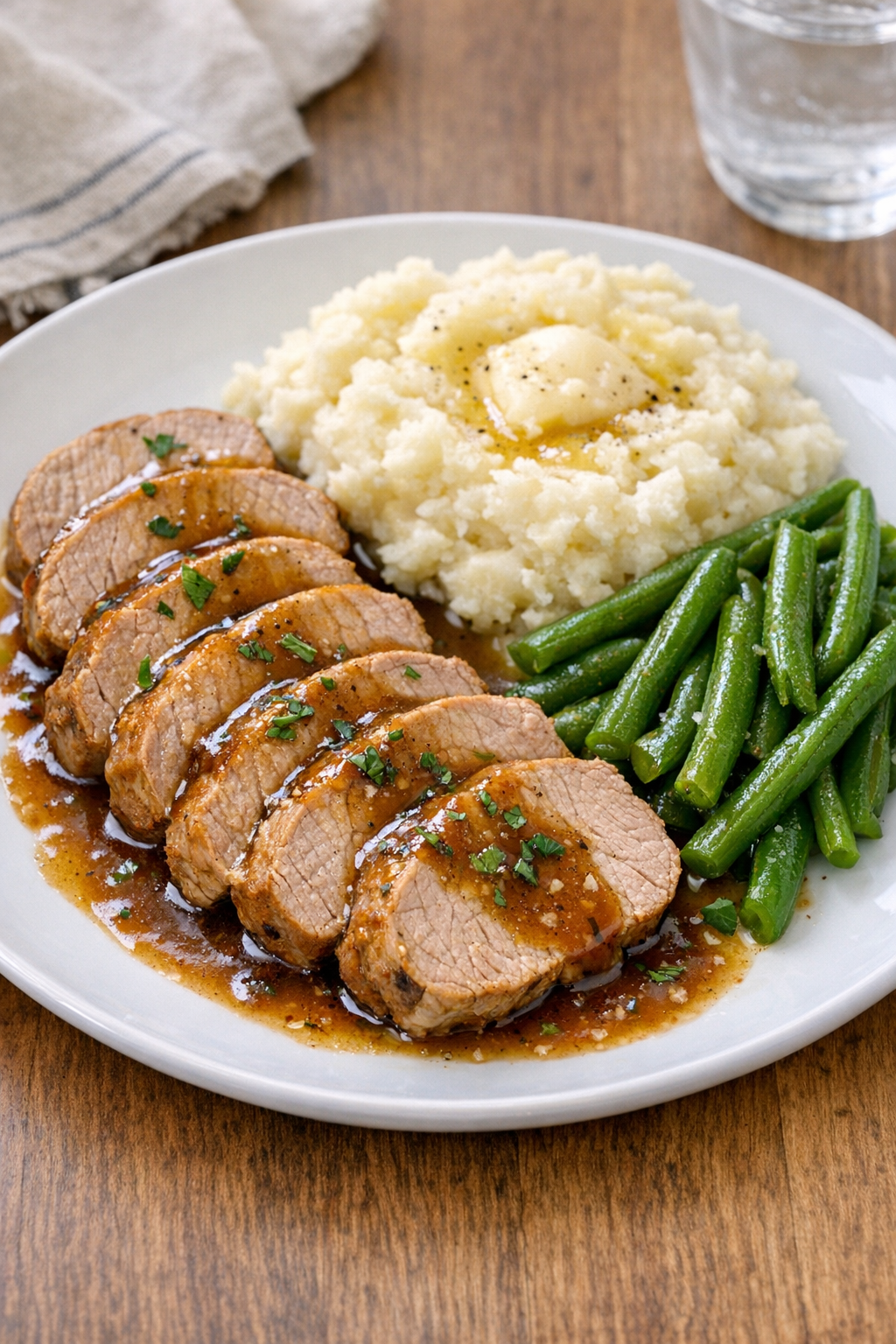 Finished slow cooker pork tenderloin plated with sauce