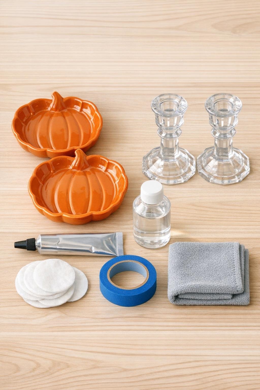 Dollar store ceramic pumpkin dishes, glass candlesticks, and adhesive laid out for the project