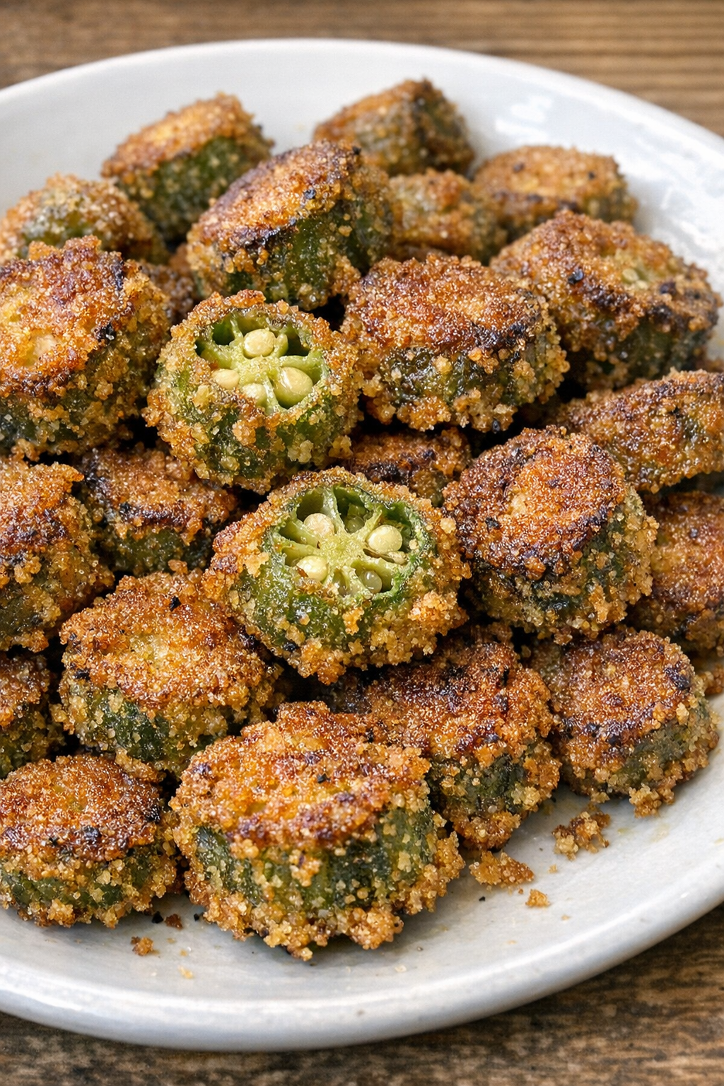 3-ingredient fried okra on a white ceramic plate