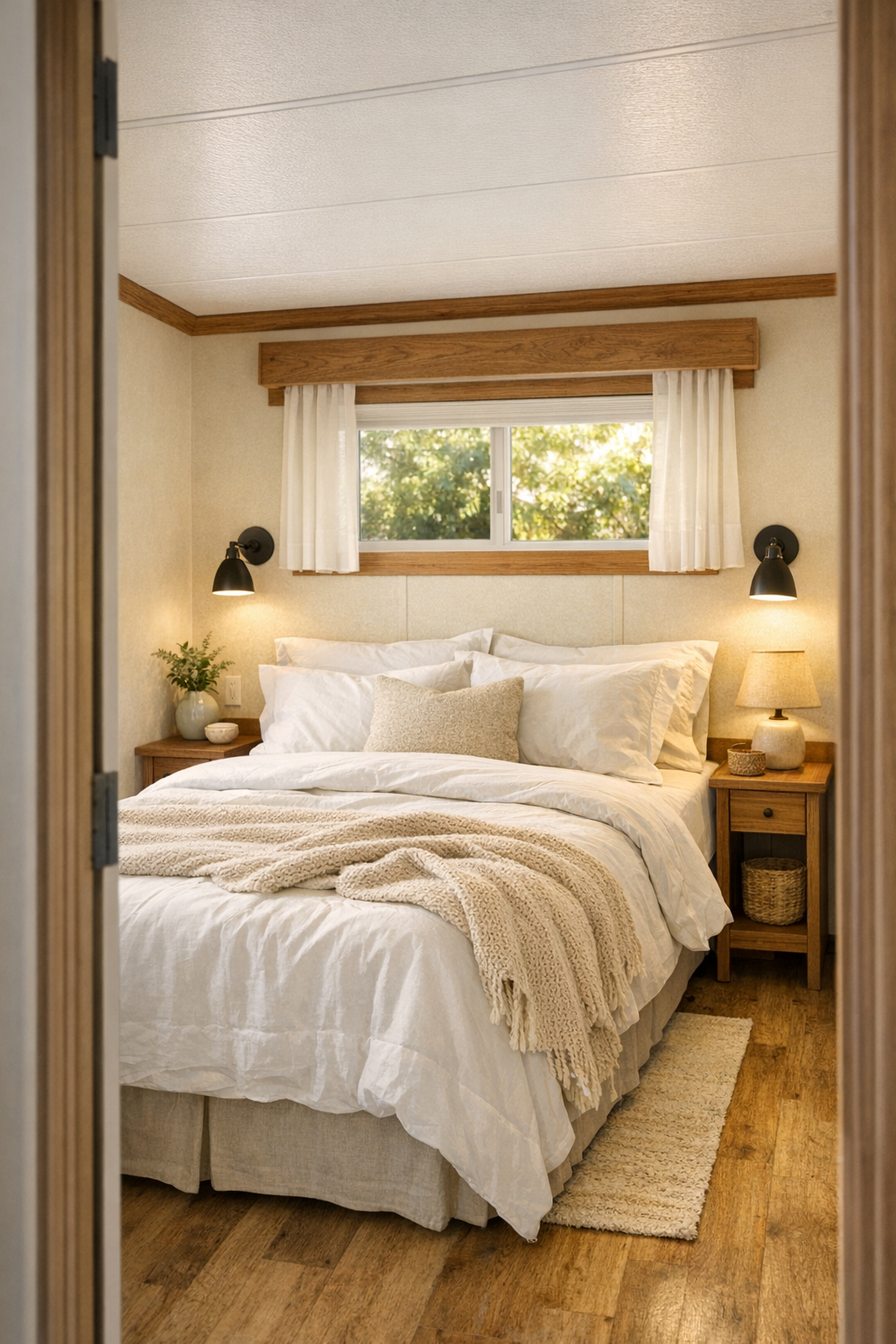 Cozy cottage bedroom with layered white bedding, soft textures, and compact storage