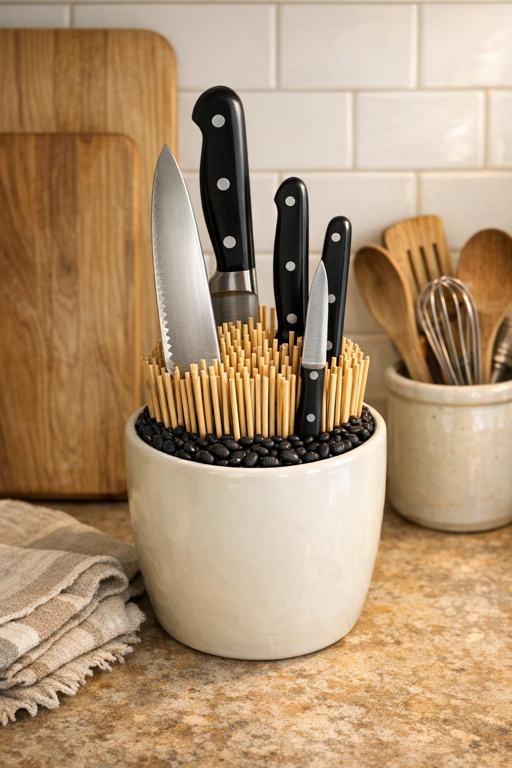 Finished DIY kitchen knife block in an ivory ceramic planter on a kitchen counter