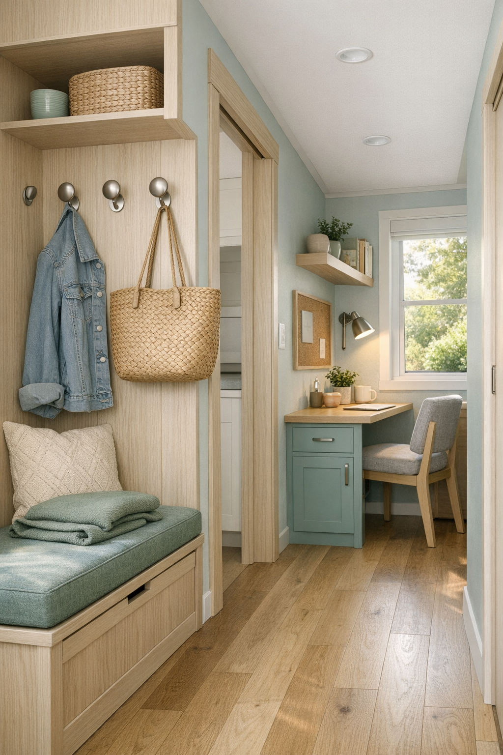 Accessible tiny home entry and multipurpose nook with built-in bench, pale oak millwork, and seafoam accents