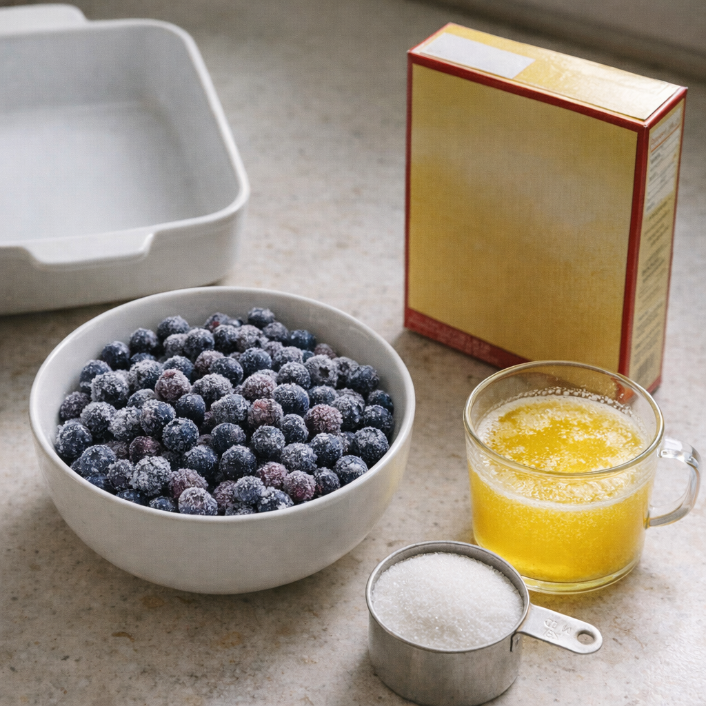 Blueberry dessert ingredients on a farmhouse counter
