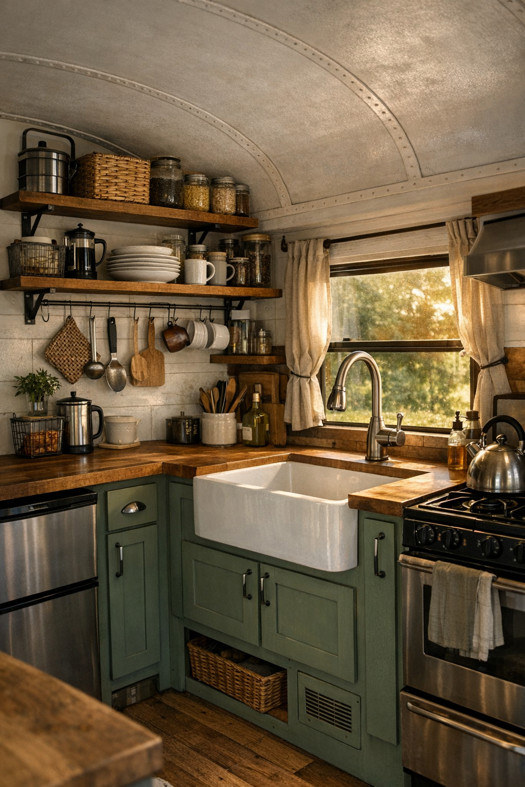 Compact rustic kitchen in the converted bus with custom cabinets and butcher block counters