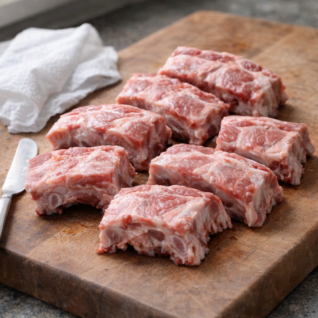 Cut rib sections on a cutting board ready for the slow cooker