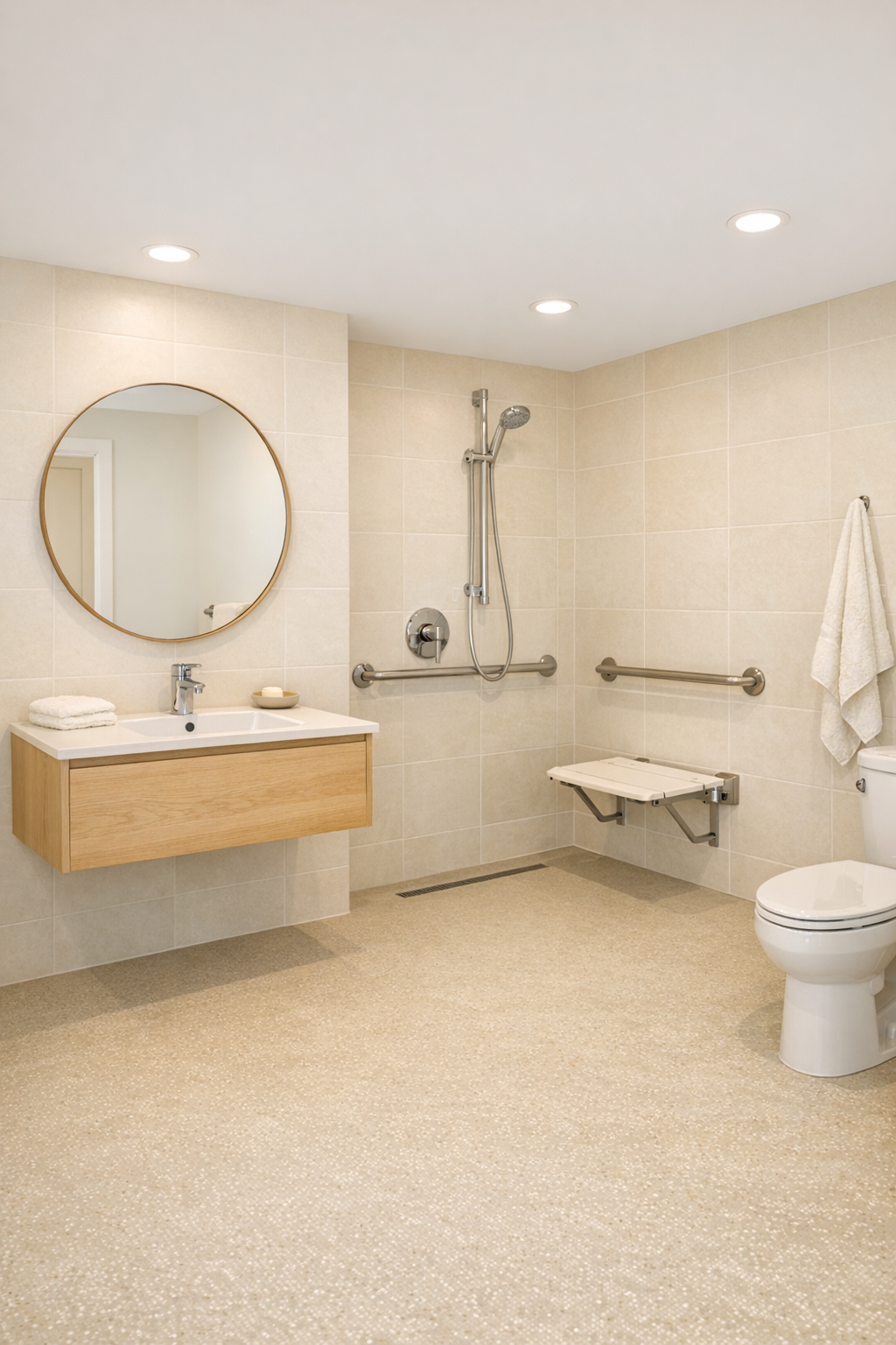 Warm accessible bathroom with a curbless shower, pale tile, and a floating wood vanity