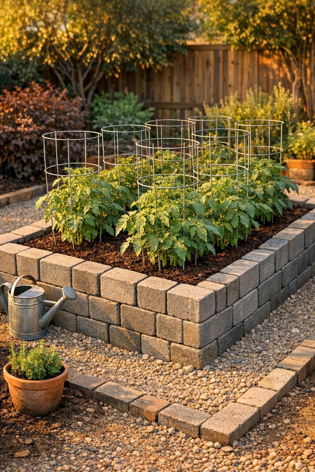 Finished tomato raised bed with cinder block border and tomato cages