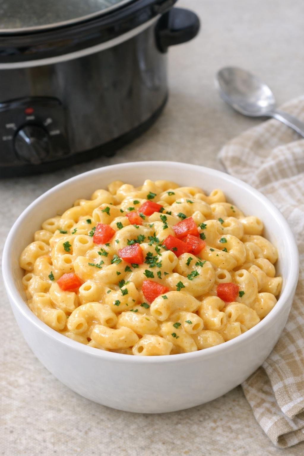 Finished queso mac and cheese in a serving bowl