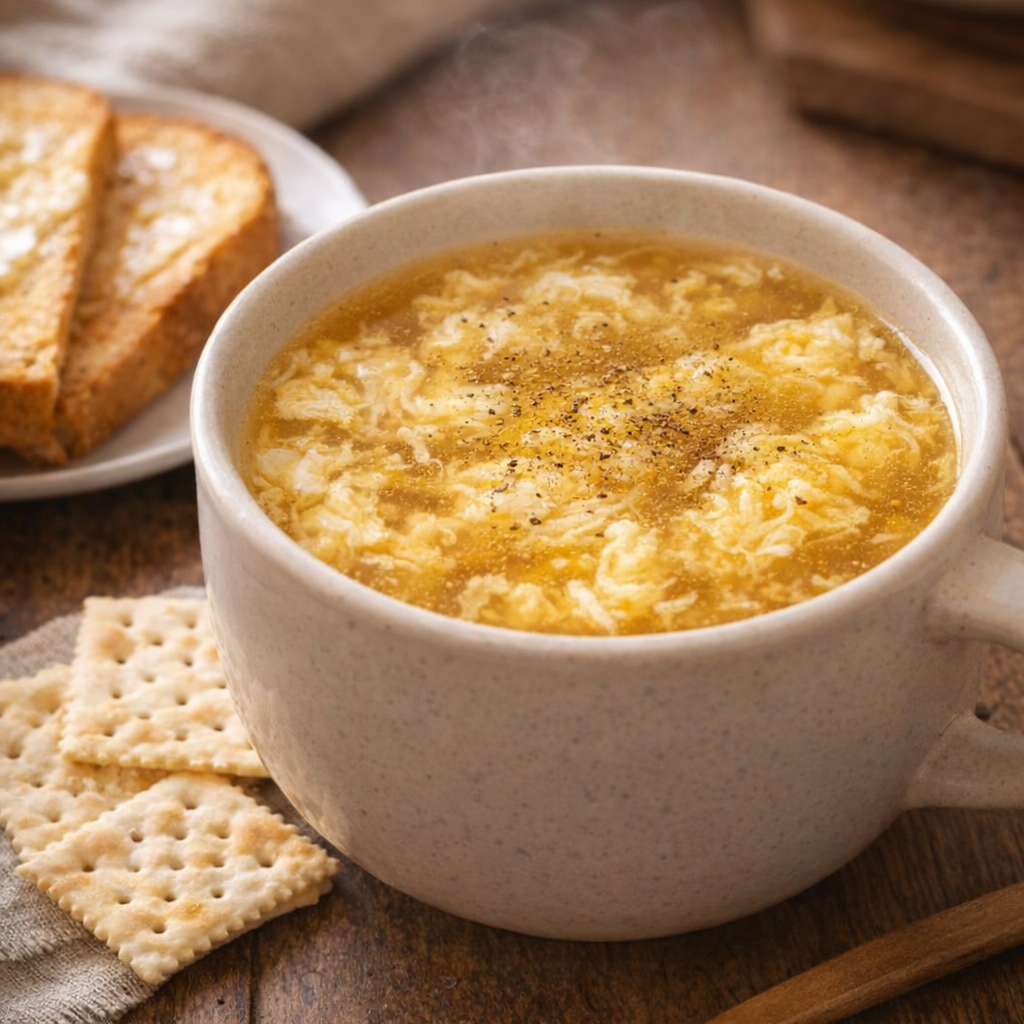 Egg soup served with toast and crackers