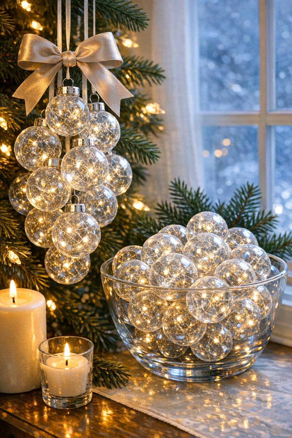 Finished cracked crystal ornaments displayed on a holiday tree and in a clear bowl by a window