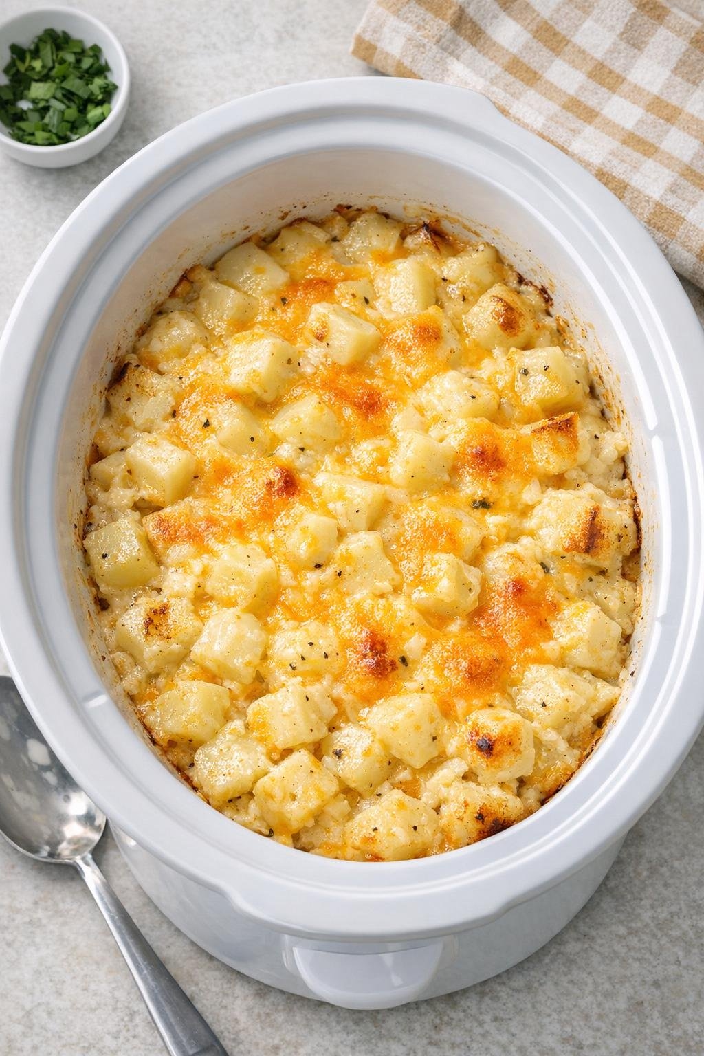 Finished cheesy potato bake in a slow cooker