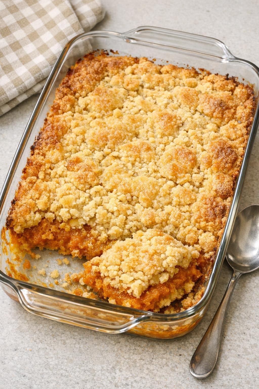 Finished pumpkin dump cake in a glass baking dish
