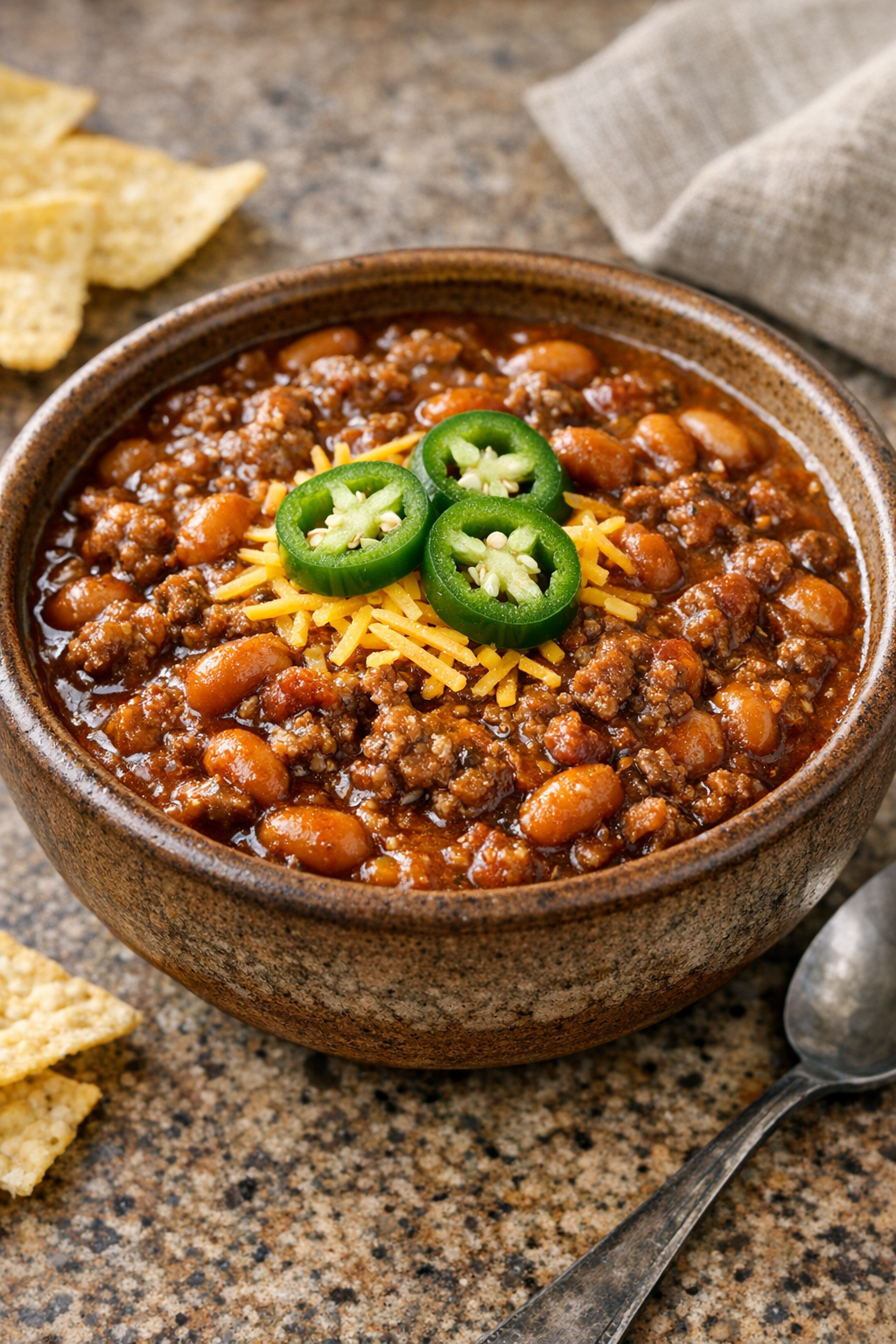 Spicy variation of poor man chili with jalapenos on top