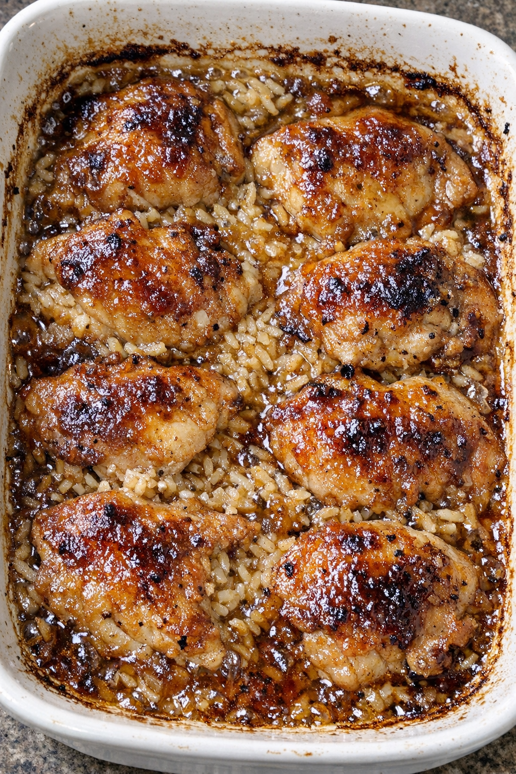 Golden caramelized crust bake in a ceramic baking dish