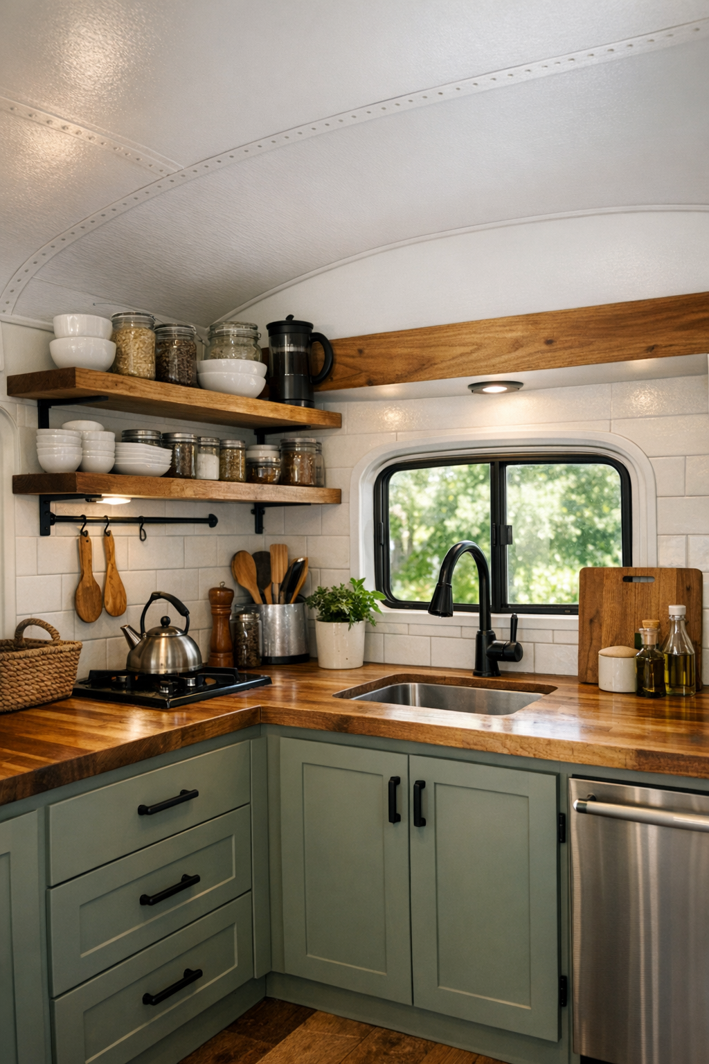 Small off-grid bus kitchen with butcher-block counters and sage cabinetry