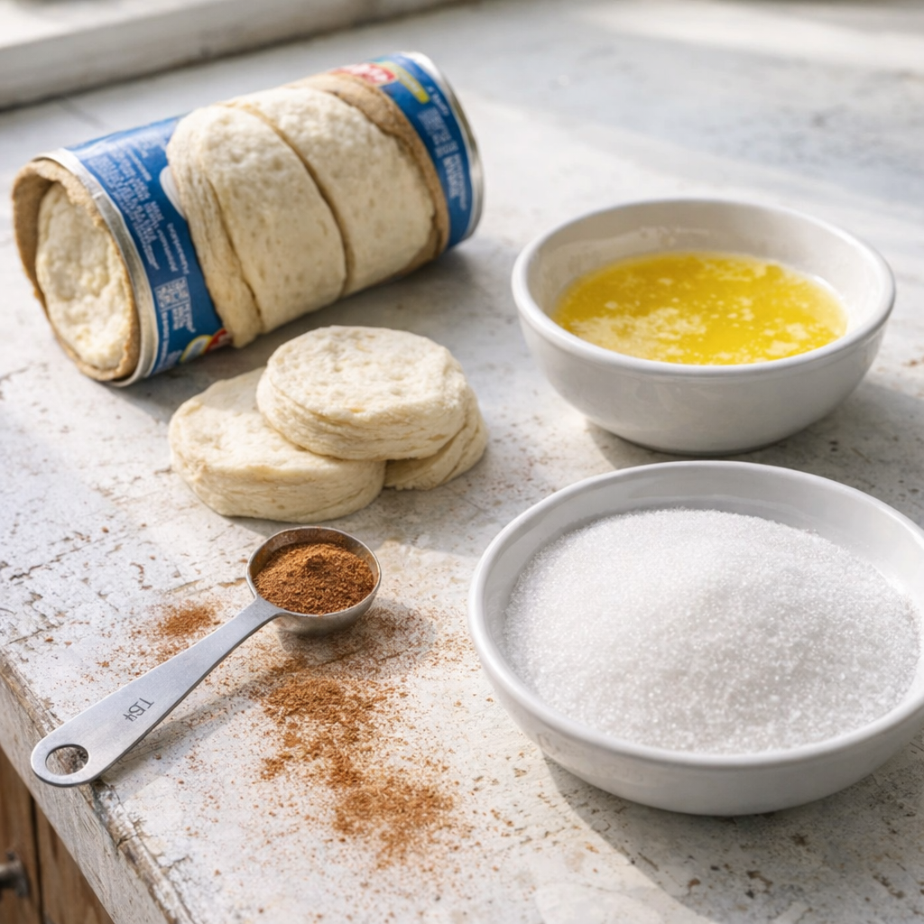 Simple churro bite ingredients on a farmhouse counter