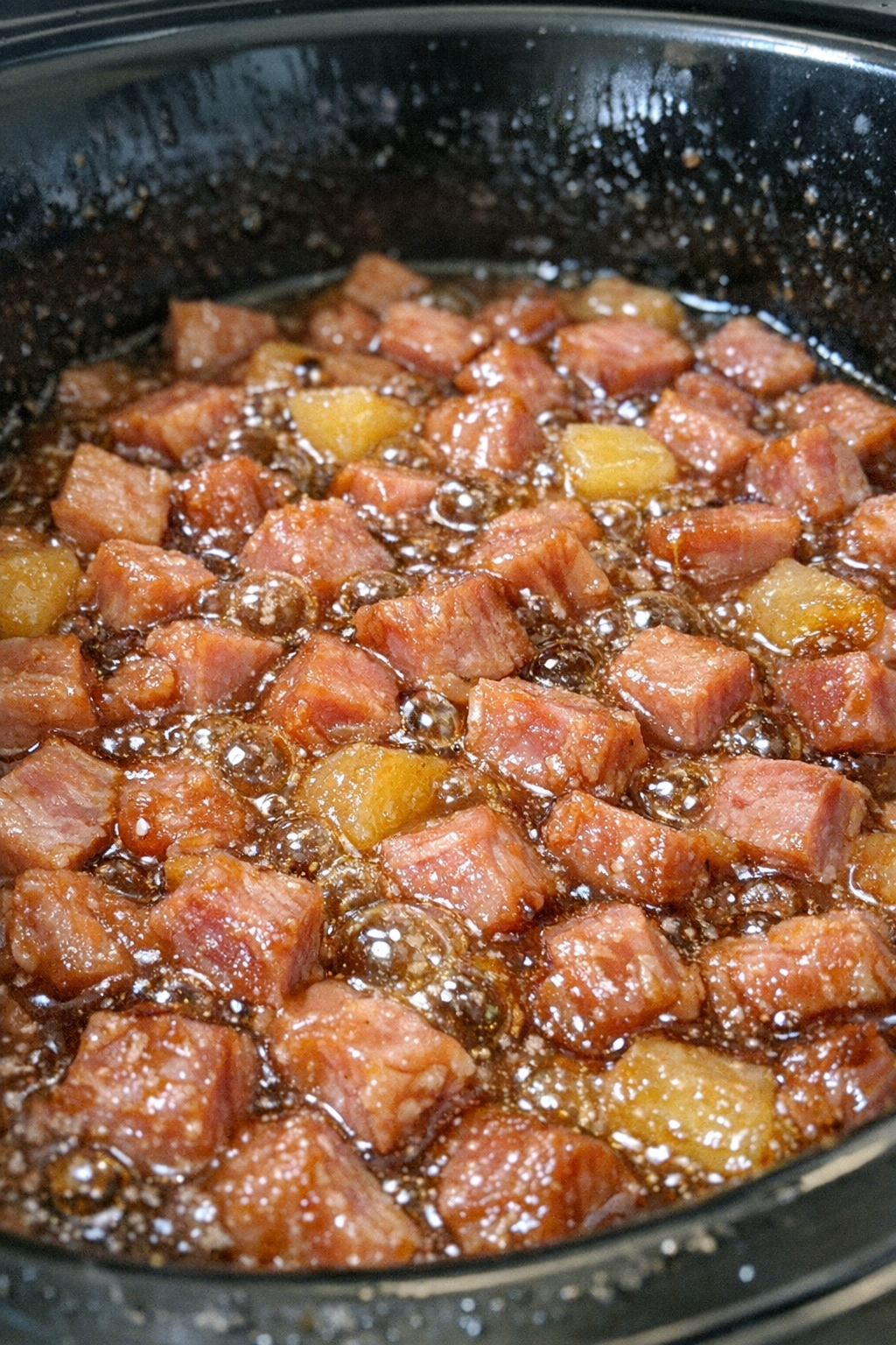 Glazed ham mixture bubbling in a slow cooker