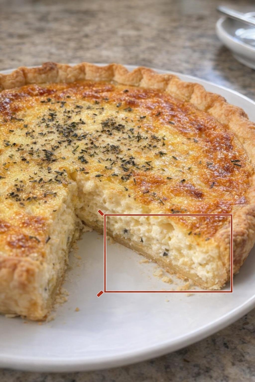 Freshly baked quiche with one slice removed on a white plate
