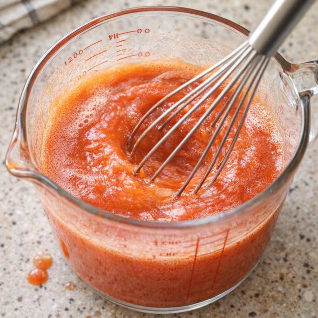 Tomato soup sauce being whisked in a measuring cup