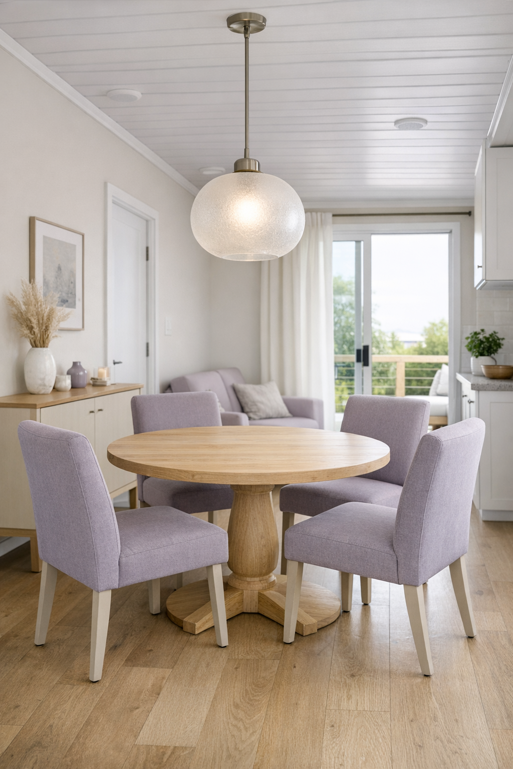 Round wood dining table in a bright accessible dining area with lavender-gray chairs