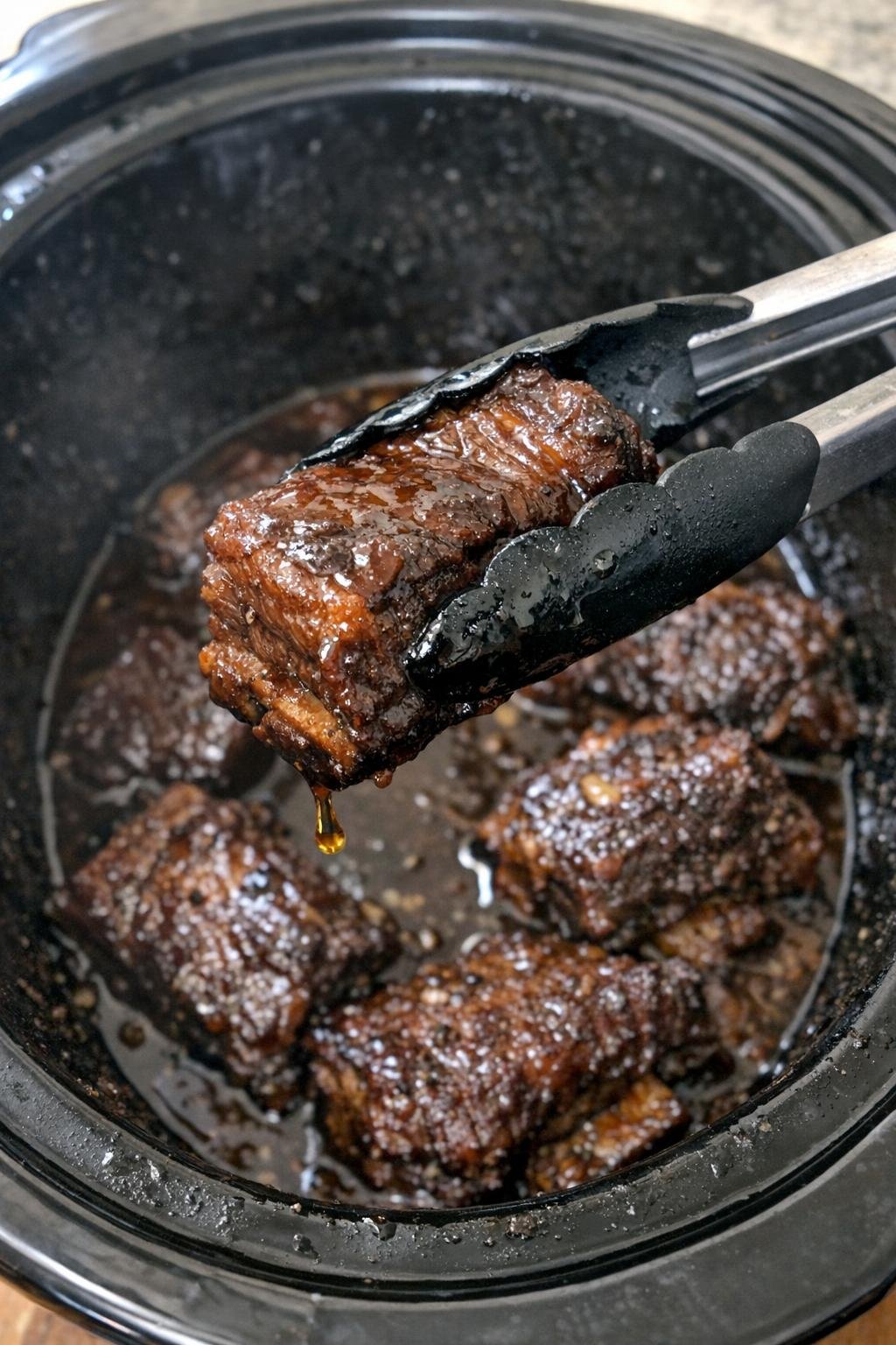 Tender caramelized beef short ribs in a slow cooker