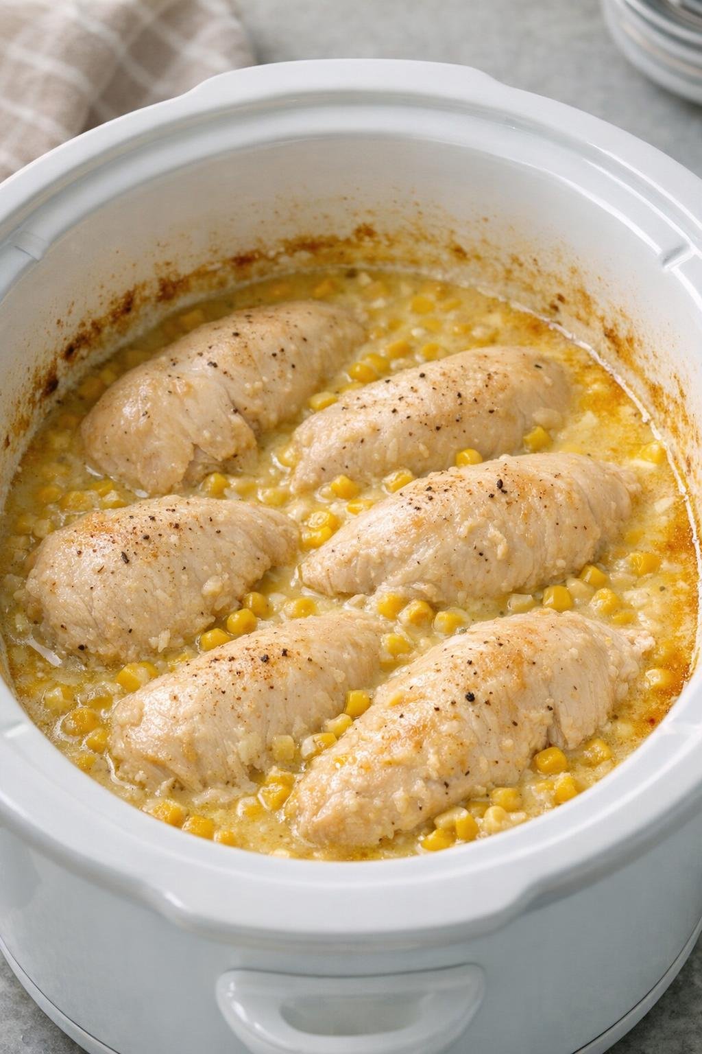 Gekookte maïskip in de slowcooker vóór de kaas