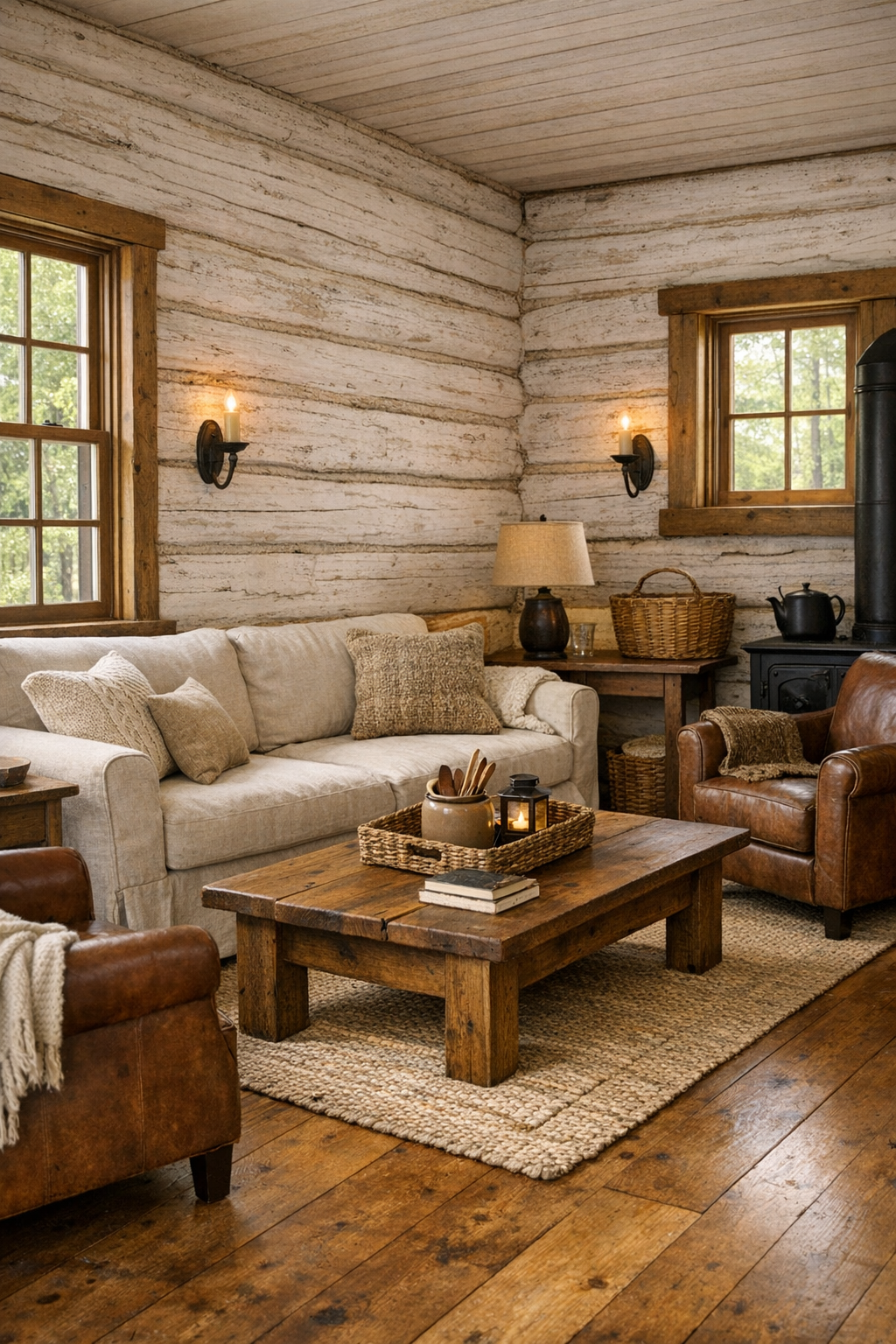 Bright tiny cabin living room with whitewashed log walls and warm wood accents