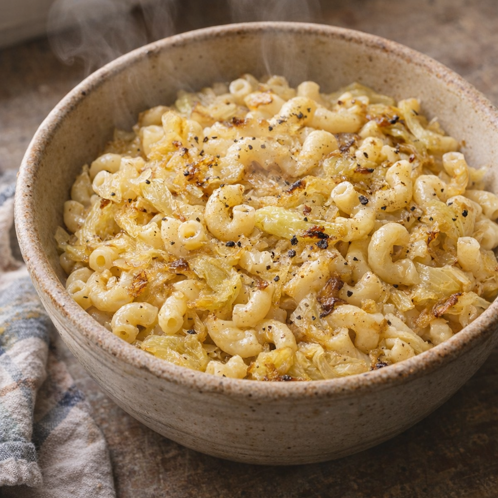 Slow cooker cabbage and macaroni in a rustic bowl