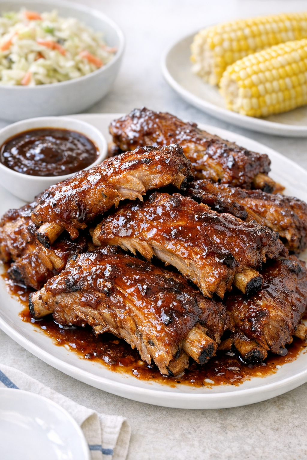 Finished slow cooker pork spareribs plated with sauce