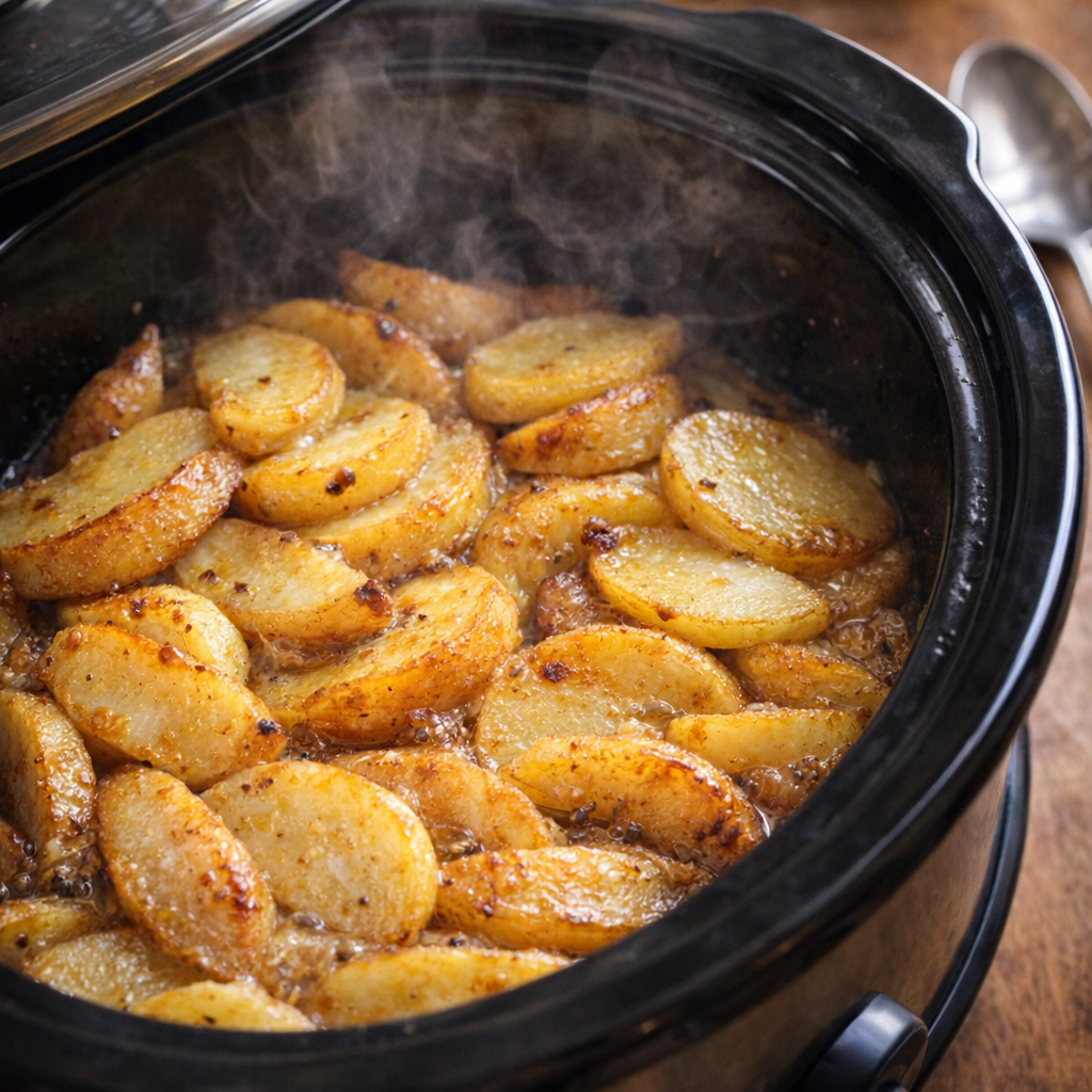 Finished apple and potato bake inside the slow cooker with caramelized edges