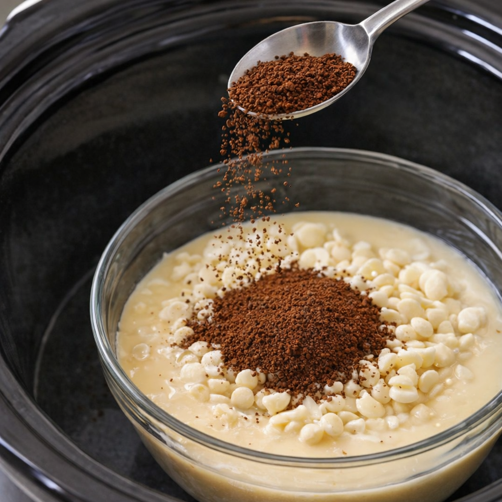 Instant espresso being added to the second fudge mixture
