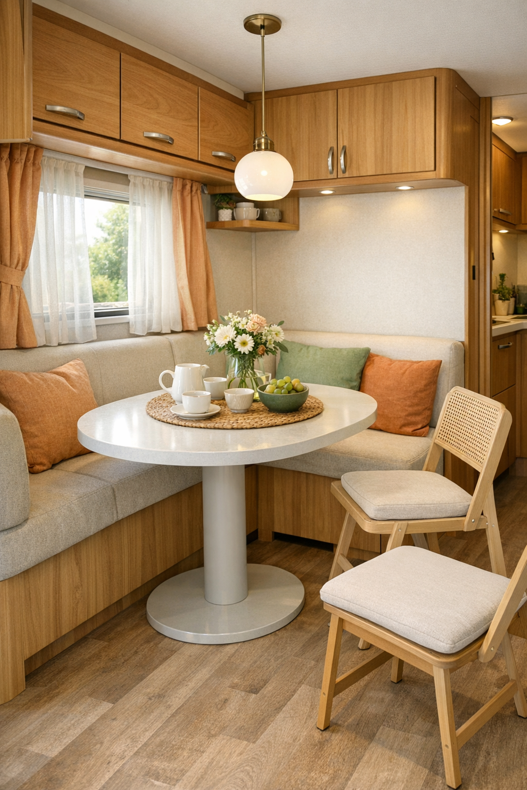 Cozy RV dining area with rounded pedestal table, upholstered bench, and soft pendant light