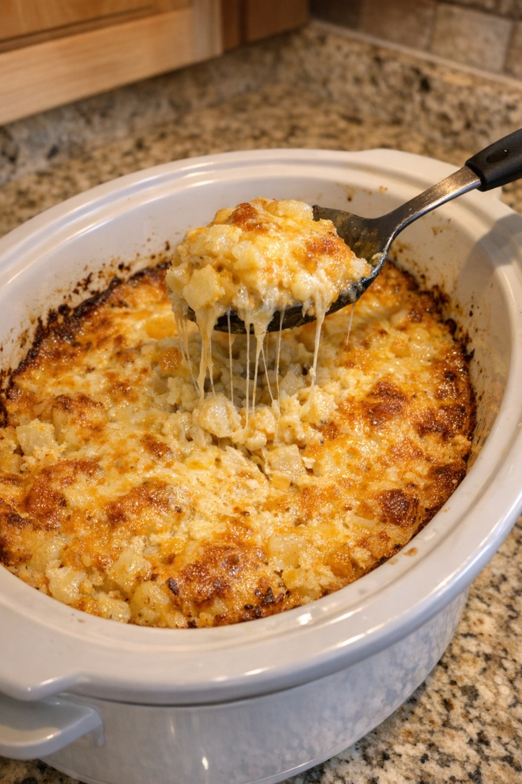 Finished cheesy hash brown casserole served from a white slow cooker