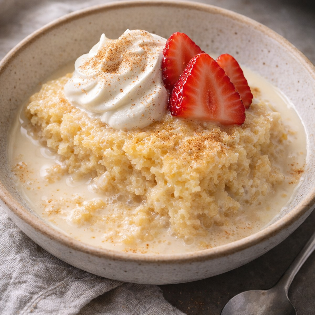 Slow cooker tres leches cake in a ceramic bowl