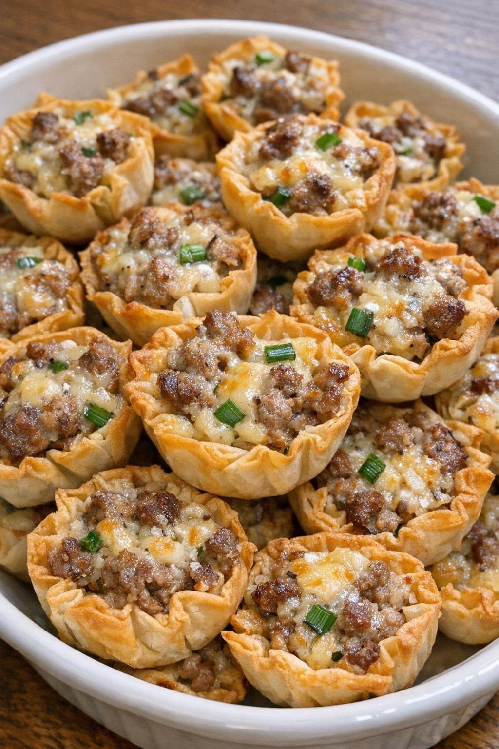 Crunchy appetizer cups with savory filling in a serving dish