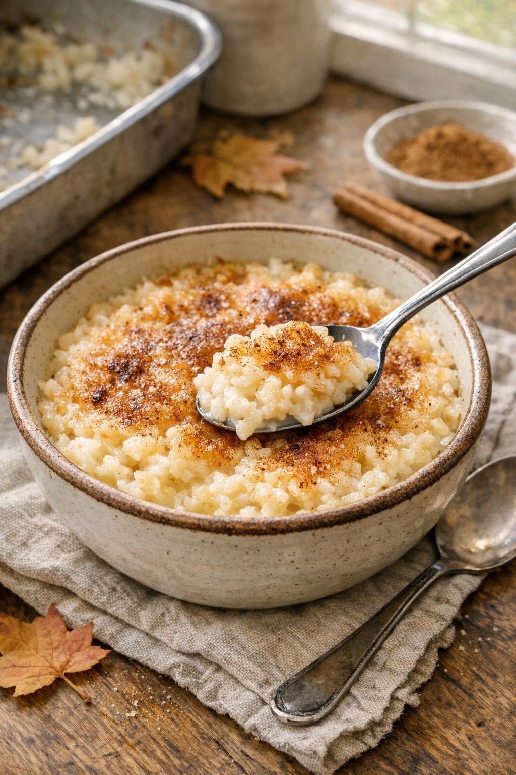 Baked rice dessert in a rustic serving dish