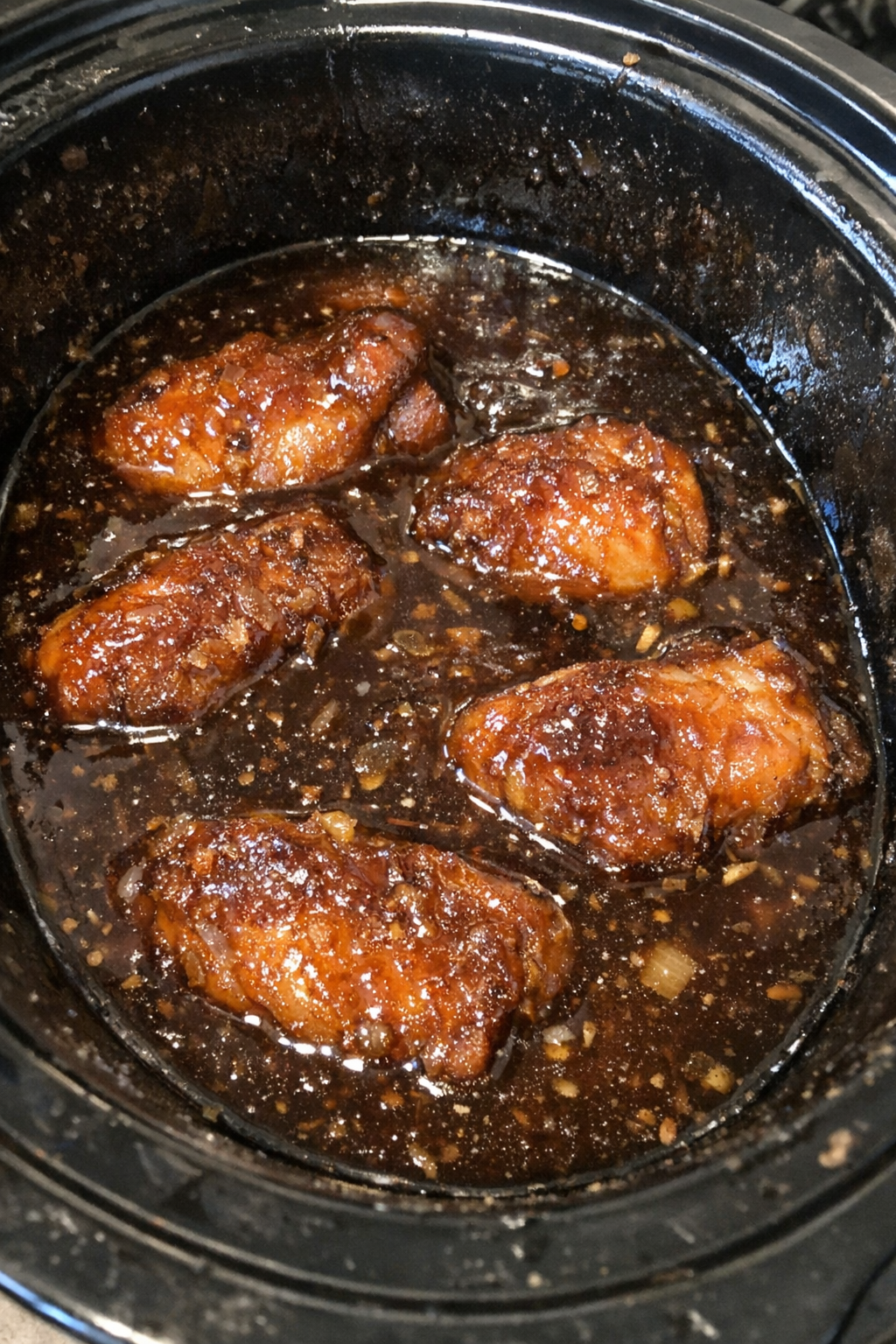 Slow cooker dinner in dark amber glaze