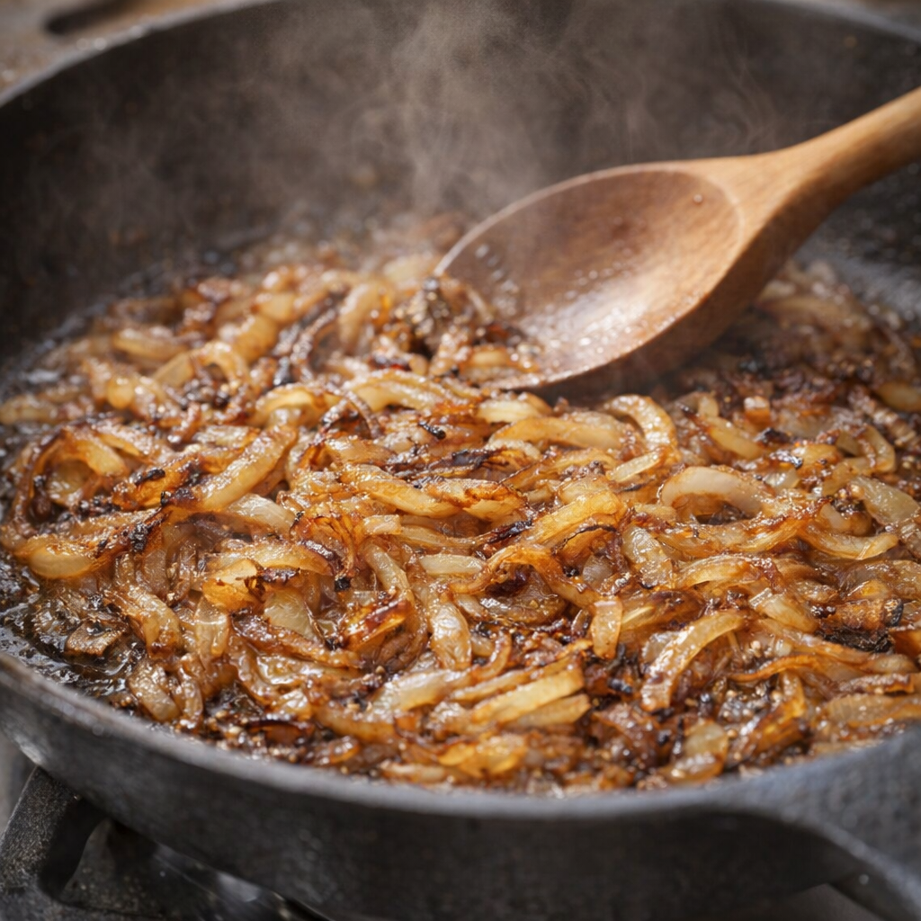 Caramelized onions cooking in a skillet