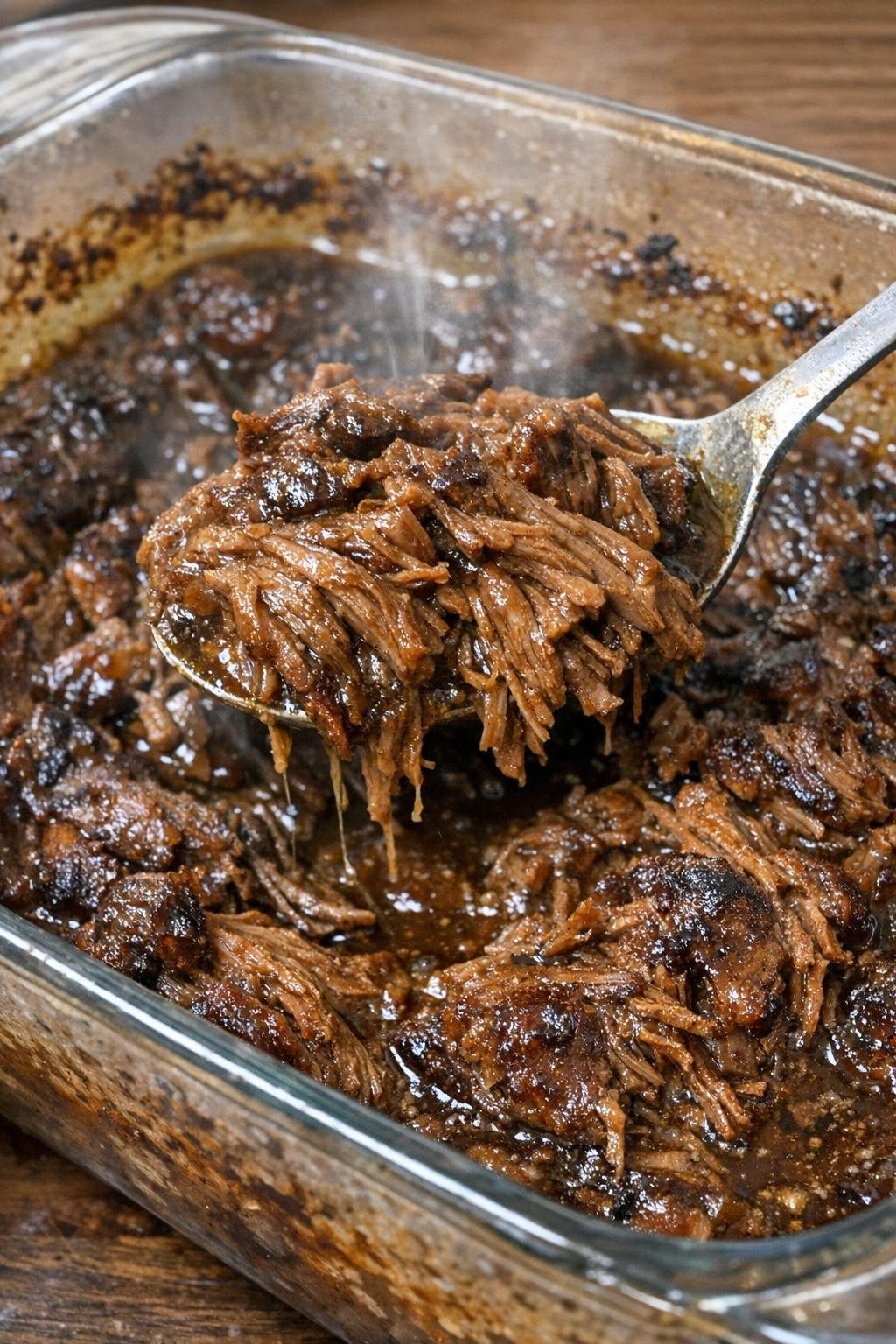 Tender pulled beef in rich dark gravy in a glass casserole dish