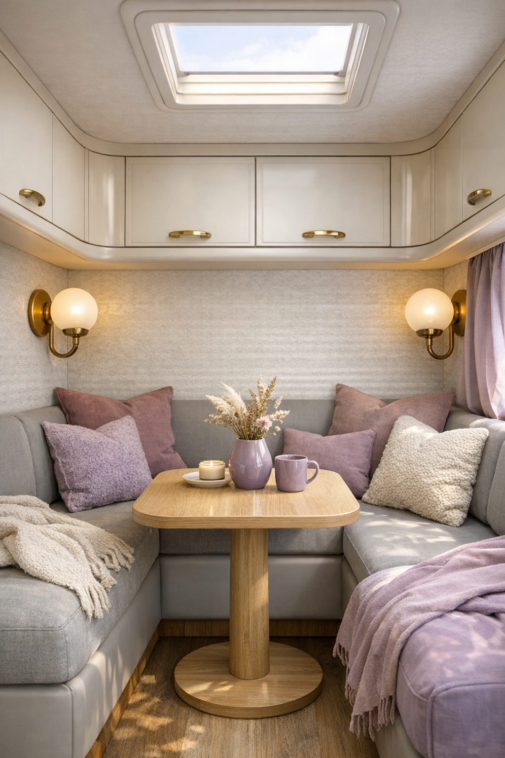 Lavender-toned RV living room with built-in seating and warm brass lighting